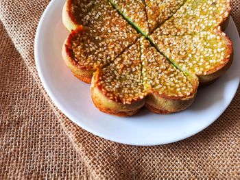 High angle view of dessert in plate on table