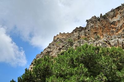 Low angle view of rock formations against sky