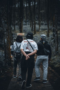 Rear view of people walking in forest