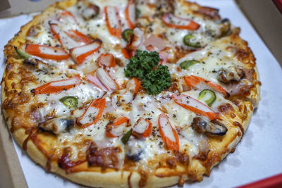 High angle view of pizza in plate on table