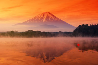 Scenic view of lake against orange sky