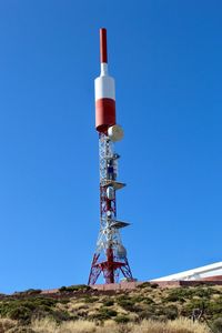 Low angle view of communications tower against clear sky