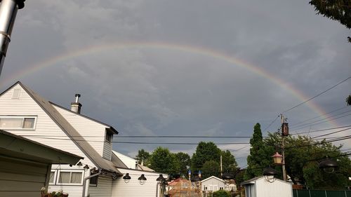 Low angle view of rainbow over buildings against sky