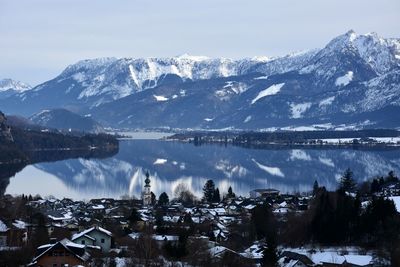 Scenic view of snowcapped mountains and lake against sky