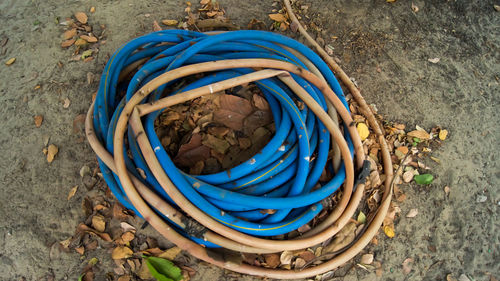 High angle view of wicker basket on table