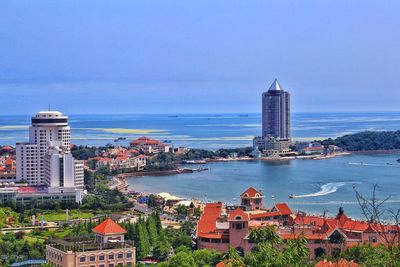 High angle view of cityscape against clear sky