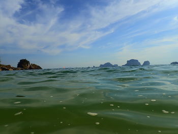 Scenic view of rocks in sea against sky