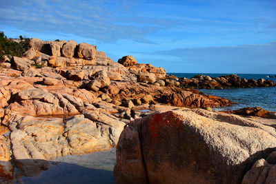 Rock formations by sea against sky