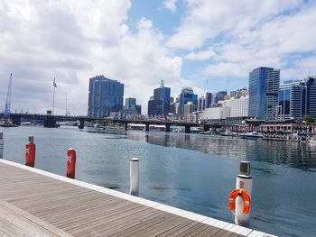 Buildings by river against sky in city