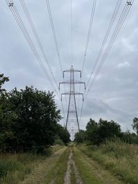 Electricity pylon on field against sky