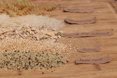 High angle view of food ingredients with labels on table