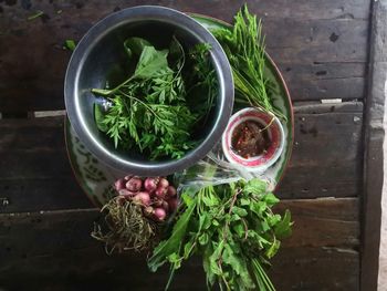 High angle view of fruits in container on table