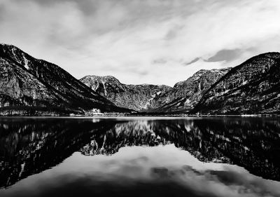 Reflection of snowcapped mountains and lake against sky