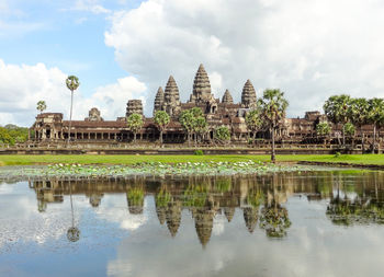 Reflection of temple against sky in water