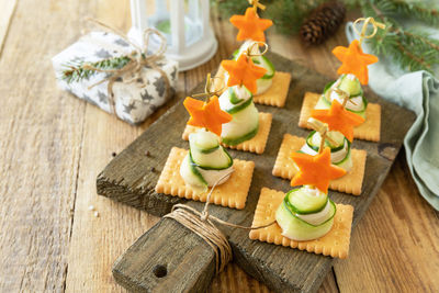 High angle view of christmas cookies on table
