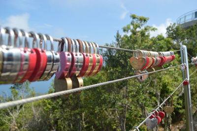 Close-up of ropes on fence against sky
