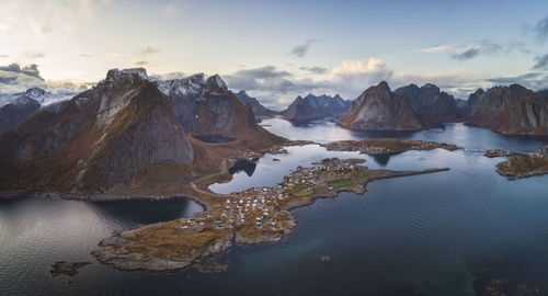 Panoramic view of the mountains and islands around lofoten