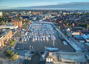 Drone view of sunrise at the marina in hull, east yorkshire, uk