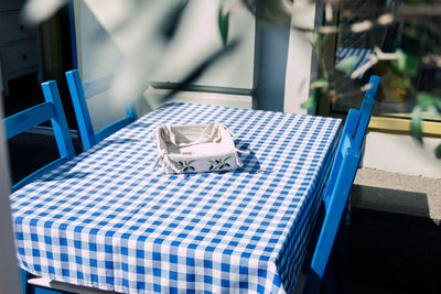 High angle view of box over table at restaurant