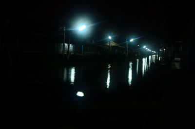 Illuminated street lights by river at night