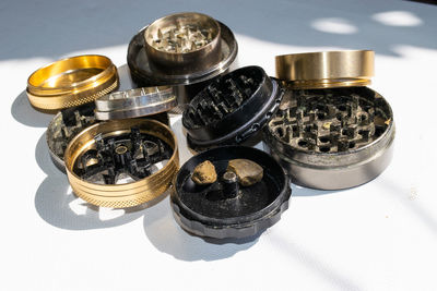 High angle view of coins on table