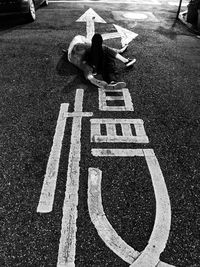 High angle view of people on road