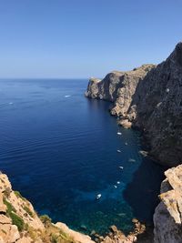 High angle view of sea against clear blue sky