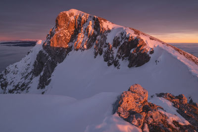 Scenic view of snowcapped mountain against sky during sunset