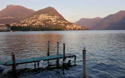 Scenic view of lake by mountains against sky