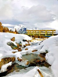 Frozen landscape against sky