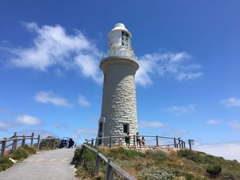 Lighthouse by road against sky