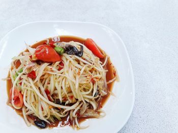 High angle view of noodles in plate