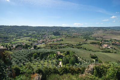 High angle view of agricultural field against sky