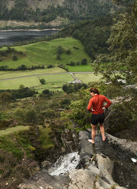 Rear view of man standing on rock