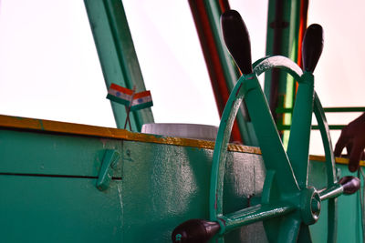 Close-up of old ship moored against clear sky