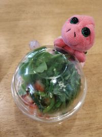 High angle view of candies in bowl on table