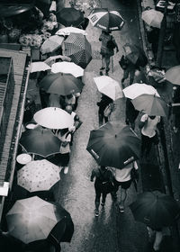 High angle view of people in rain