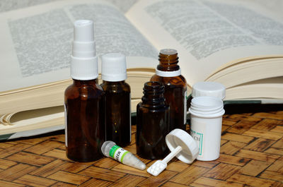 High angle view of bottles on table