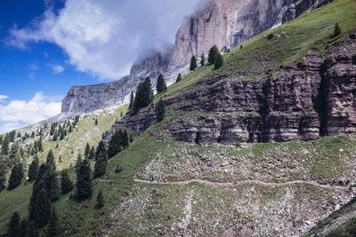 Low angle view of mountain against cloudy sky