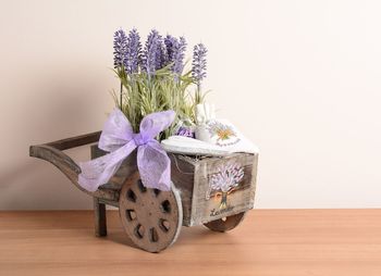 Close-up of flower pot on table against wall