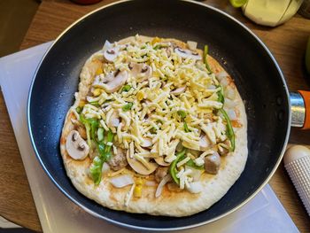 High angle view of noodles in bowl on table