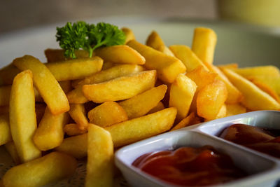 Close-up of fries and vegetables in plate