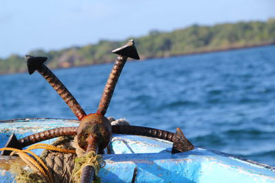 Close-up of rusty chain against sea