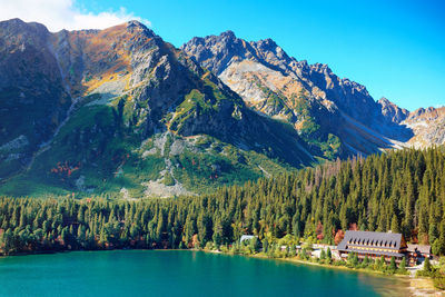 Scenic view of lake and mountains against sky