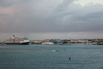 Scenic view of sea by city against sky