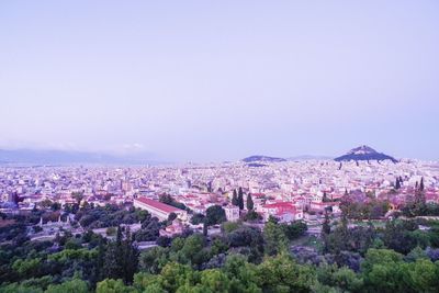 High angle view of townscape against clear sky