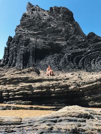 Woman sitting with dog on rock formation