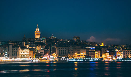 Sea by illuminated city at night