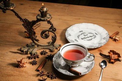 High angle view of tea cup on table