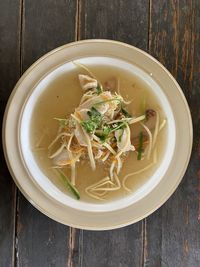 High angle view of soup in bowl on table
